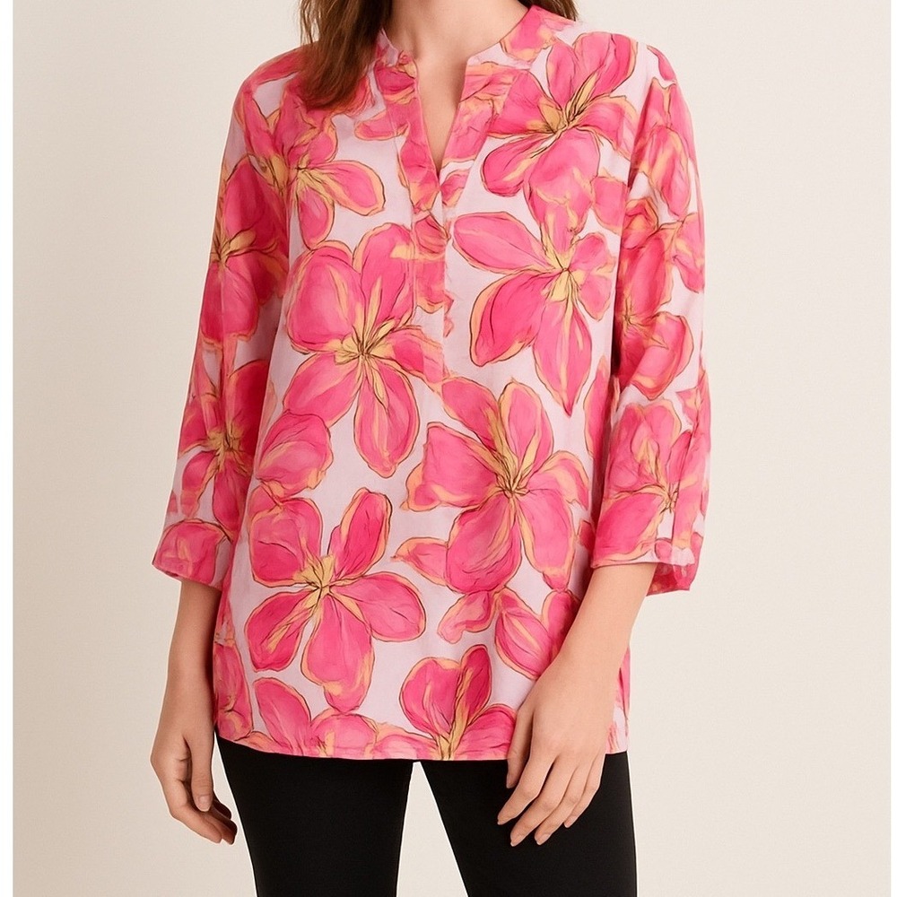 Simply Southern Pink Floral Tab Sleee Tunic Top XXL‎ Plus Resortwear Vacation